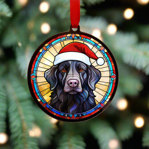 Flat Coated Retriever in Santa Hat Suncatcher Decoration